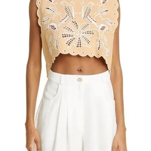 FARM Rio Tan and White Embellished Sleeveless Crop Top